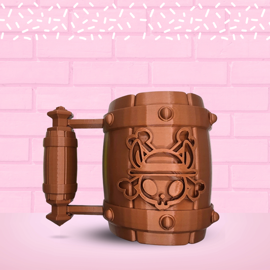 Decorative tool mug with intricate carvings of a 3D Printed - No AI- brown mug with a pirate rabbit straw hat and cross skull bone design on a pink background. Great for any pens, pencils, paint brush, any tool that will fit in a cup for any home or office needs.