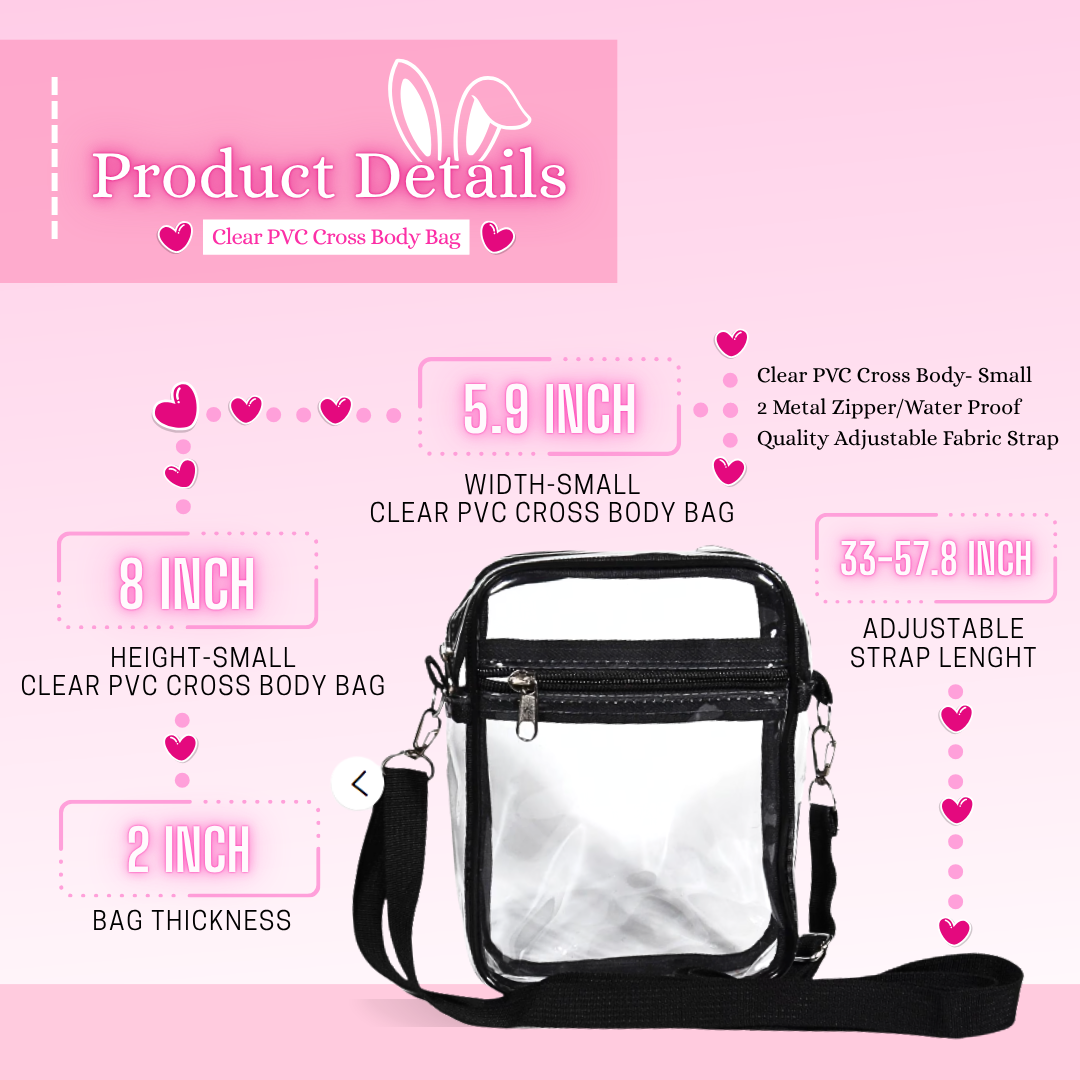 The dimensions of the clear pvc cross body bag is shown, 5.9 inch width, 8 inch height, 2 inch thick, with a 33-57.8 inch long adjustable strap length. With quality clear plastic body, 2 metal zipper, and quality adjustable fabric strap.