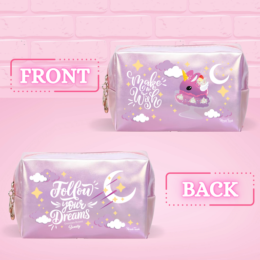 The front of the Sweety Unicorn dish pu leather pouch, and the back of the pu leather pouch which reads Follow your dreams