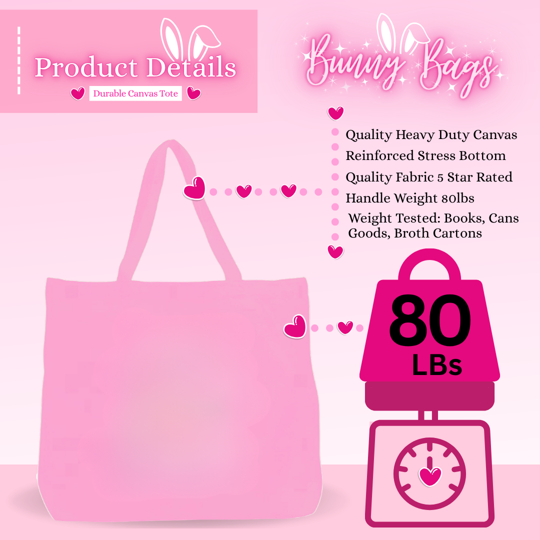 Pink canvas tote bag with product weight details on a pink background