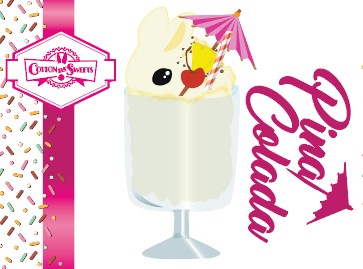 The front of the character card shows the digital artwork of Pina Colada Bunny, a white drink in a tall glass. A pink umbrella with a piece of pineapple and cherry sits inside the rim on the side as well as a straw.