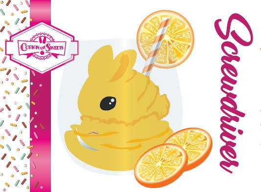 The front of the character card shows the digital artwork of Screwdriver, an orange drink inside a glass with a gold white straw with an orange slice on the rim of the glass with two oranges slices near it.
