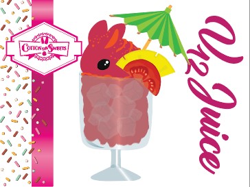 The front of the character card shows the digital artwork of V12 Juice, a red drink with red bits and white glitter on top of the bunny. A green palm tree umbrella with a pineapple slice and tomato slice on the rim of the drink on the side.