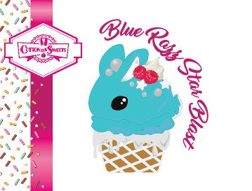 The front of the character card shows the digital artwork of Blue Razz Star Blast, a blue ice cream with red raspberries, silver pearls and clear stars on the top of the bunny near the whipped cream swirl.