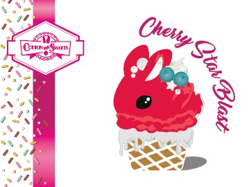 The front of the character card shows the digital artwork of the Cherry Star Blast red ice cream bunny with light blue blueberries, silver pearls, and a clear star near the swirl of whipped cream on the top.
