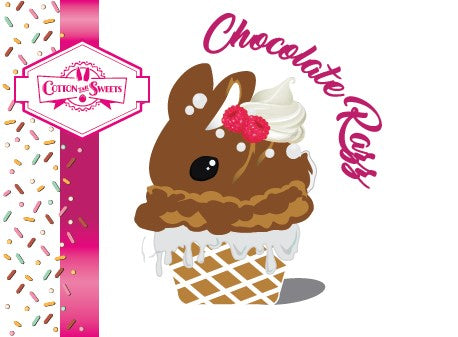 The front of the character card shows the digital artwork of Chocolate Razz as chocolate ice cream cone with glitter and red raspberries on top of the bunny near the swirl of whipped cream.