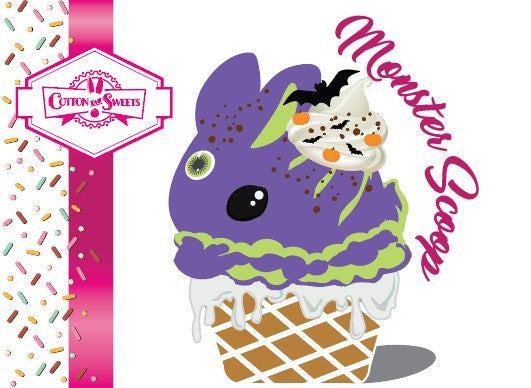 Purple ice cream cone with Halloween-themed decorations and 'Cotton & Sweets' branding. Front side of card.