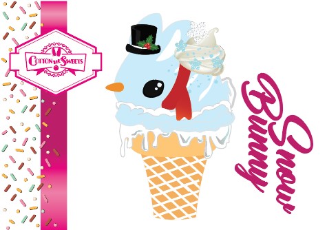 The front of the character card shows the digital artwork of Snow Bunny, a light blue ice cream scoop with a carrot nose, red ribbon, a black top hat, and holly leaves with berries near the blue glittered and blue snow flaked whipped cream swirl on the top of the bunny.