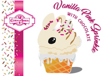 The front of the character card shows the digital artwork of Vanilla Pink Sprinkle ice cream bunny, with brown and pink sprinkles on the top of the bunny.