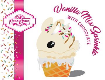 The front of the character card shows the digital artwork of a white ice cream cone with pink, teal, and black sprinkles on top of the bunny near the whipped cream swirl.