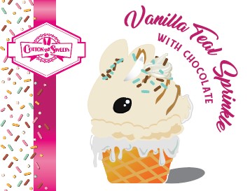The character card front shows the digital artwork with the white bunny ice cream cone with chocolate and teal sprinkles on top.