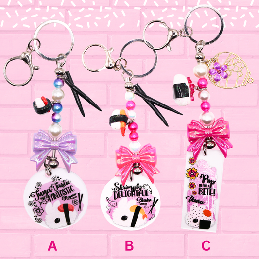 Keychains A, B, C are shown which are Tuna Sushi Bunny - Maguro, Fried Shrimp Sushi Bunny – Shako, and Sushi Bunny – Ikura. The words Bunny Keychains 2 inch medium are shown.