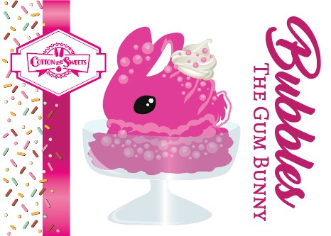 Cute kawaii ice cream Bubbles character card front which shows the artwork for the sundae. The pink sundae has light pink drizzle, pink spheres inside the dish.