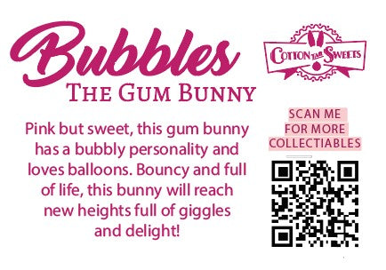 Cute kawaii ice cream Bubbles character card back which reads Bubbles the Gum Bunny, Pink but sweet, this gum bunny has a bubbly personality and loves balloons. Bouncy and full of life, this bunny will reach new heights full of giggles and delight! A QR code is available to be scanned for more collectibles as well as the cotton tails logo.