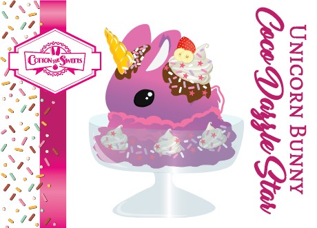 The front of the character card for Unicorn Bunny Coco Dazzle Star which shows the digital artwork. The artwork shows the purple ice cream sundae with pink, purple and white sprinkles with swirls of whipped cream in the dish. The unicorn bunny has a strawberry and banana slices with chocolate drizzle and sprinkles near the whipped cream swirl.