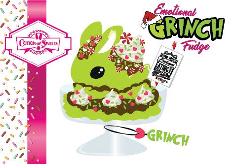 Cute kawaii ice cream sundae character card front that shows the artwork. The artwork shows Emotional Grinch Fudge sundae which has a sign and green white and red heart sprinkles inside of the dish as well as swirls of whipped cream. The bunny has chocolate glaze, peppermint candies and a swirl of whipped cream on it’s head.