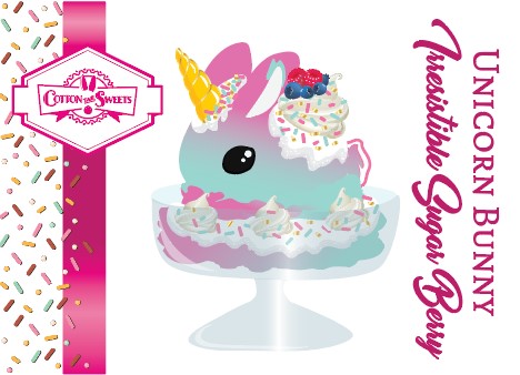 The front of the character card for Unicorn Bunny Irresistible Sugar Berry which shows the digital artwork. The artworks shows a blue and pink ice cream unicorn bunny with raspberries and blueberries on top. The dish has whipped cream swirls covered with light blue and pink sprinkles.
