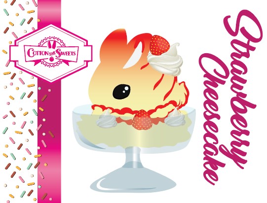 Cute kawaii bunny ice cream character card front which shows the digital artwork. The artwork shows Strawberry Cheesecake white ice cream with red translucent glaze, strawberries, and swirls of whipped cream in the dish. The bunny has red glittery glaze dripping over the head with a strawberry and a swirl of whipped cream on top.