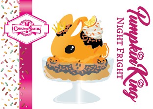 Cute kawaii ice cream bunny sundae character card front which shows the digital artwork. This artwork shows Pumpkin King Night Fright orange ice cream sundae with black glaze, orange sprinkles and pumpkin faces in the dish. The bunny has a golden crown and orange slice on top next to the swirl of whipped cream.
