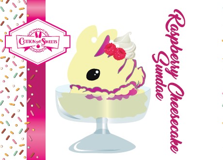 Cute kawaii bunny Raspberry Cheesecake character card front, which has the digital artwork of the character, the name as Raspberry Cheesecake Sundae, with the cotton tail sweets logo. The artwork shows raspberry cheesecake white ice cream with raspberries and whipped cream swirls in the dish.