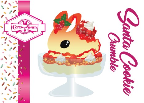 The front of the character card for Santa Cookie Crumble that shows the digital artwork. The artwork shows white ice cream sundae with red glaze, glitter, red berries and whipped swirls in the dish. The bunny has red berries and green leaves on top with red translucent glaze near the whipped cream swirl.