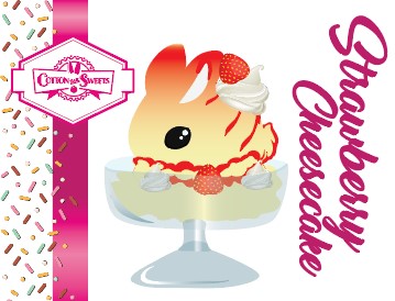 Cute kawaii bunny ice cream character card front which shows the digital artwork. The artwork shows Strawberry Cheesecake white ice cream with red translucent glaze, strawberries, and swirls of whipped cream in the dish. The bunny has red glittery glaze dripping over the head with a strawberry and a swirl of whipped cream on top.