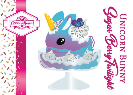 The front of the character card is shown for Unicorn Bunny Sugar Berry Twilight. The artwork shows the cute kawaii unicorn sundae with whipped cream swirls, pink, blue, and white sprinkles in the dish. The unicorn bunny is purple and blue on top with blue berries and light purple raspberries, with a whipped cream swirl.