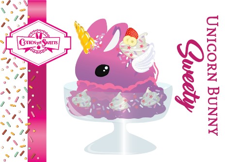 The front of the character card for Unicorn Bunny Sweety which shows the digital artwork. The artwork shows the unicorn purple and pink ice cream sundae with whipped cream swirls, purple, pink, white, and red star sprinkles in the dish. This unicorn bunny has white wings with a strawberry, banana slices and sprinkles on top near the whipped cream.