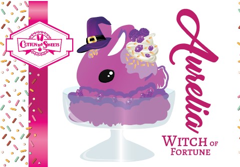 Cute kawaii witch bunny character card front, Aurelia Witch of Fortune with digital artwork shown. The bunny is shown with a purple hat, orange sprinkles, purple raspberries, and purple gems.