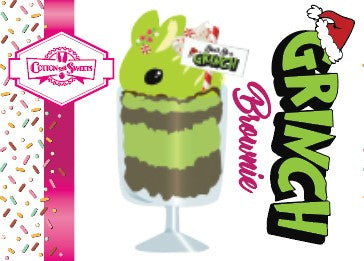 The front of the character card of the Grinch Brownie is shown with the digital artwork. The artwork shows tall sundae with brown sprinkles in the cup as well as a sign that reads don’t be a grinch. The ice cream bunny has peppermint candies, green and white sprinkles as well as a swirl of whipped cream on top.