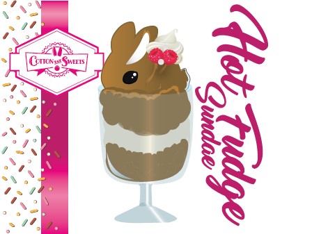 The front of the character card for the Hot Fudge Sundae which shows the digital artwork. The artwork shows the kawaii bunny tall brown Hot Fudge ice cream sundae with glitter and raspberries on top with the whipped cream swirl.