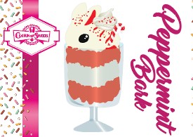 The front of the character card for Peppermint Bark is shown with the digital artwork. The artwork shows the white ice cream tall sundae that has red and white layers in the dish and a peppermint candy cane, and has bits of peppermint candy on top as well as swirl of whipped cream.