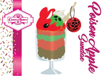 The front of the character card which reads Poison Apple Sundae and shows the digital artwork. The artwork shows the bunny tall red green and brown ice cream sundae with green glaze and a swirl of whipped cream up top. In the top of the bunny is a bony finger with the poison apple acrylic keychain attached to it.