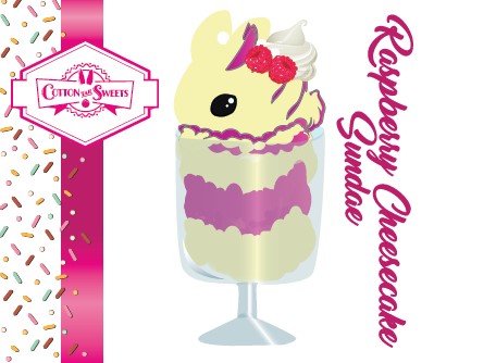 The front of the character card of Raspberry Cheesecake Sundae which shows the digital artwork. The artwork shows white tall sundae with raspberries and a whipped cream swirl on top.