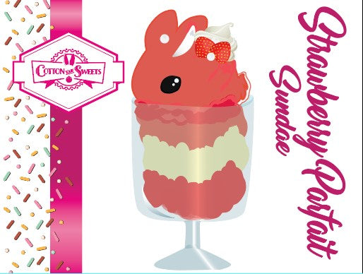 The front of the character card for Strawberry Parfait Sundae which has the digital artwork. The artwork shows the tall Strawberry Parfait Sundae red ice cream with strawberries, a pearl, and a whipped cream swirl on the top of the bunny.