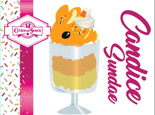 The front of the character card for Candice Sundae and shows the digital artwork. The digital artwork shows the tall orange, white, and yellow ice cream sundae with yellow, brown, and orange sprinkles on top. The top also has two pieces of candy corn near the whipped cream swirl.