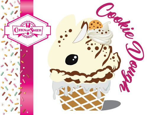 The front of the character card shows the digital artwork of Cookie Dough ice cream cone with chocolate pieces and drizzle on top of the bunny as well as a cookie near the whipped cream swirl.
