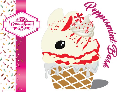 The front of the character card shows the digital artwork of Peppermint Bark, a white and red ice cream bunny with peppermint pieces and a peppermint candy on top of the bunny near the whipped cream swirl.
