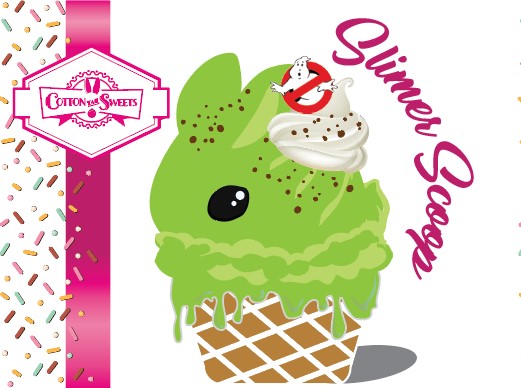 The front of the character card shows the digital artwork on the Slimer Scoop, a green ice cream bunny cone with green drizzle and brown bits, a ghost buster logo near the whipped cream swirl on top.