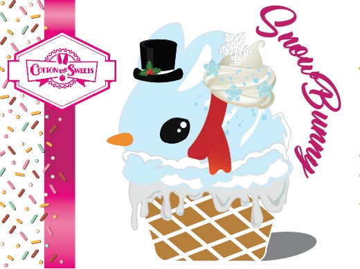 The front of the character card shows the digital artwork of Snow Bunny, a light blue ice cream scoop with a carrot nose, red ribbon, a black top hat, and holly leaves with berries near the blue glittered and blue snow flaked whipped cream swirl on the top of the bunny.