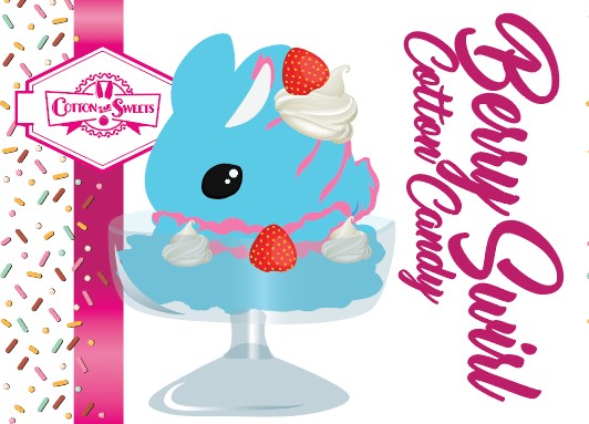 Cute kawaii Berry Swirl Cotton Candy ice cream sundae character card front which shows the digital artwork. The artwork shows with pink glaze, strawberries, and whipped cream swirls in the dish.