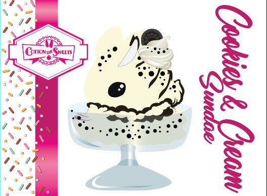 Cute kawaii bunny cookies and cream character card front, which has the digital artwork of the character, the name as Cookies & Cream Sundae, with the cotton tail sweets logo. The artwork shows a cookies and cream ice cream white scoop sundae with whipped cream swirls and black white crumbles in the dish. A black and white sandwhich cookie is on top of the resin bunny, sprinkled with black and white crumbles and a swirl of whipped cream.