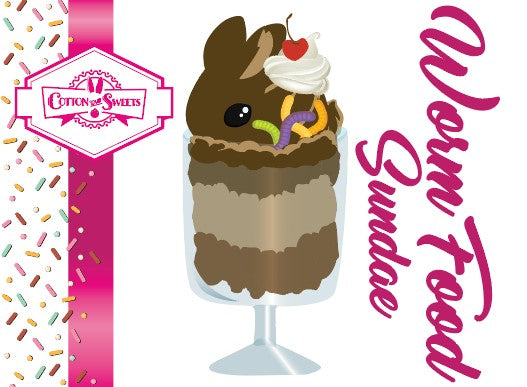 The front of the character card for Worm Food Sundae which shows the digital artwork. The artwork shows the tall brown and light brown ice cream sundae with a cherry on top of the whipped cream swirl. Four gummy worms are in the dish on the side.