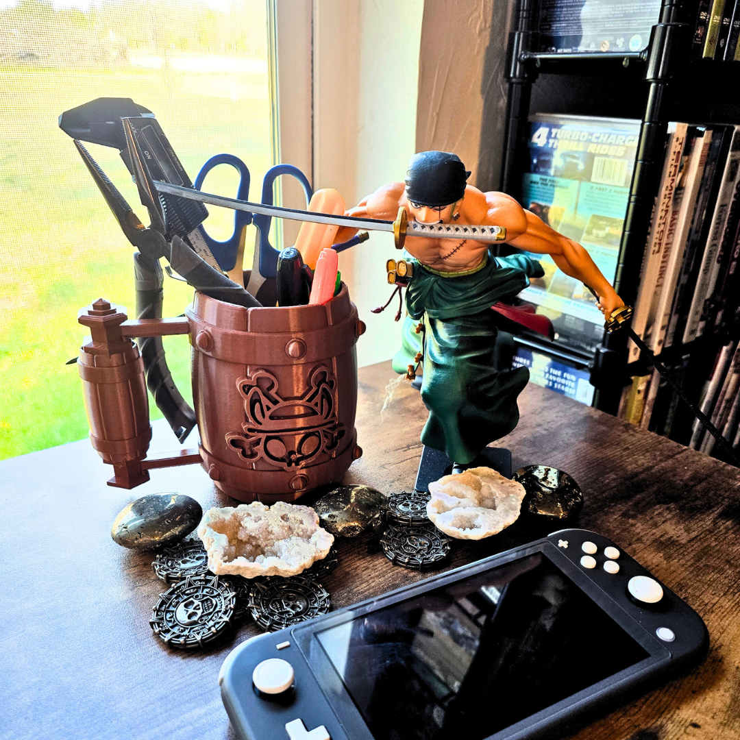 Tabletop scene with a figurine, gaming console, and decorative items with the 3D Pirate bunny Mug in use with any tools.