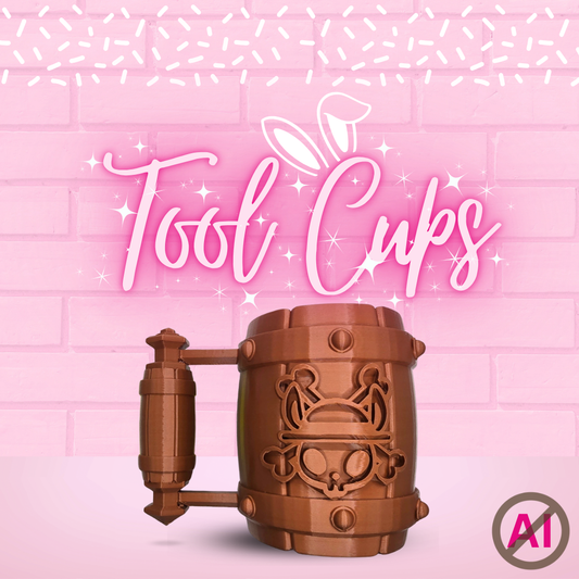 Decorative 3D Printed - No AI- brown mug with a pirate rabbit straw hat and cross skull bone design on a pink background with 'Tool Cups' text.