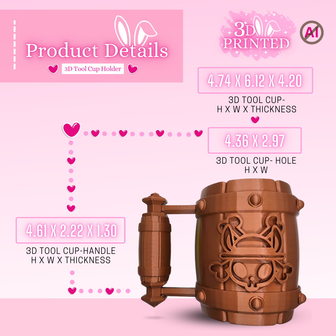 3D printed tool cup holder with dimensions on a pink background