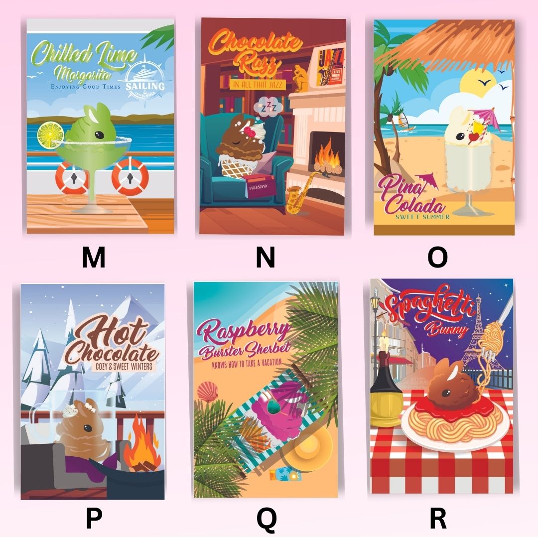 The mini art is shown, with Chilled Lime Margarita mini art, Chocolate Razz mini art, Pina Colada mini art, Hot Chocolate mini art, Raspberry Buster Sherbet mini art, and Spaghetti mini art.