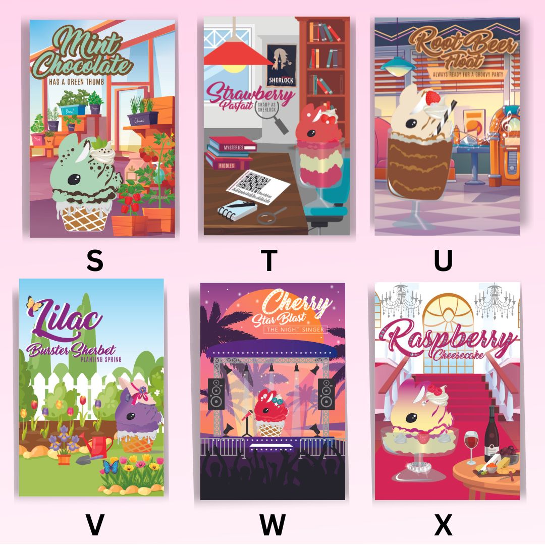 The mini art is shown, with Mint Chocolate mini art, Strawberry Parfait mini art, Root Beer Float mini art, Lilac Burster Sherbet mini art, Cherry Star Blast mini art, and Raspberry Cheesecake mini art, 