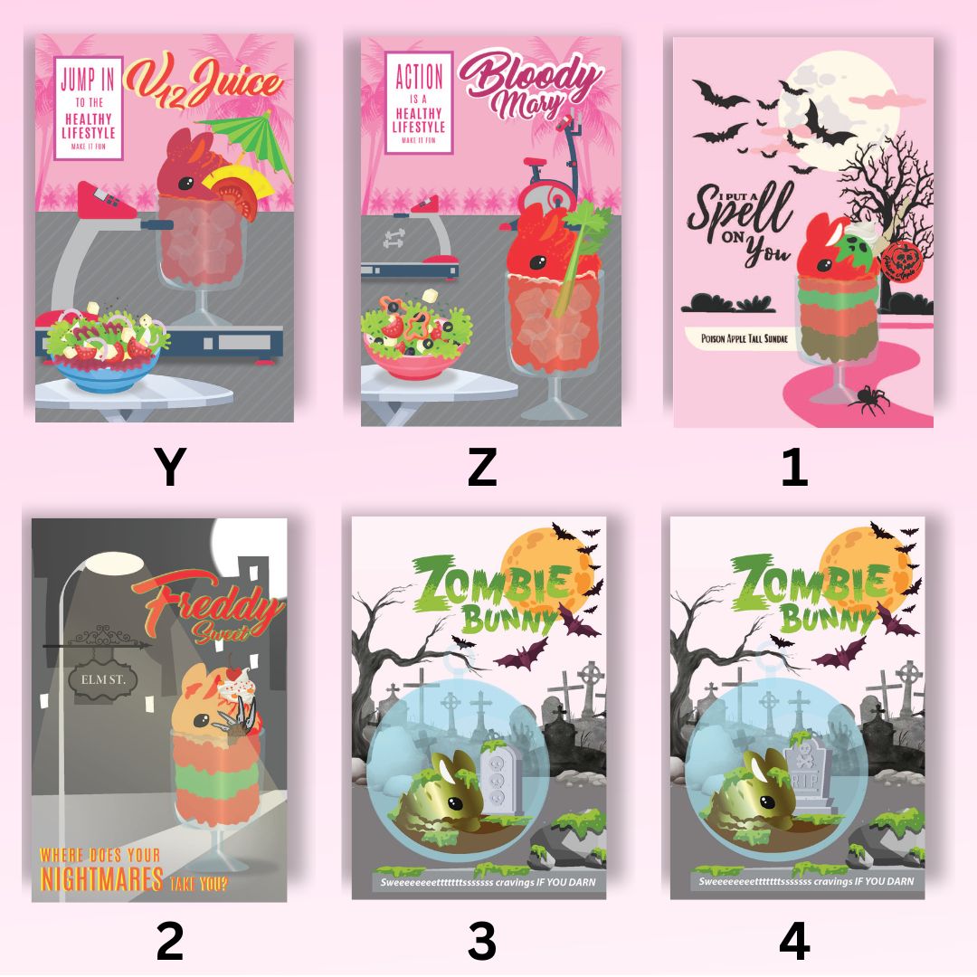 The mini art is shown, with V12 juice mini art, Bloody Mary mini art, Poison Apple Tall Sundae mini art, Freddy mini art, and Zombie Bunny mini arts. 