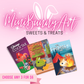 Promotional graphic for 'MiniBunny Art' with three colorful cards on a pink background.